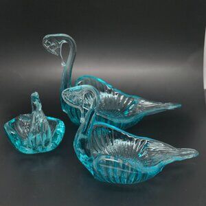 Handblown Glass Swans, Set of 3, Turquoise
